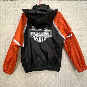 Harley Davidson Iconic Logo Rain Jacket Sz M Black Orange Convertible Hood VTG